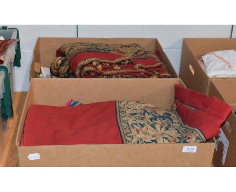 Green silk brocade pelmet, pair of red cotton pelmets with a green floral applique trim and fringing, similar pelmet in blue,