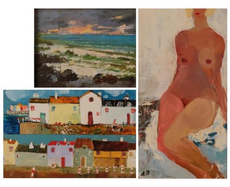 Alexei Petrenko (20th/21st century) ''Beach Huts'', initialled, oil on board, together with a further example, a seascape, an