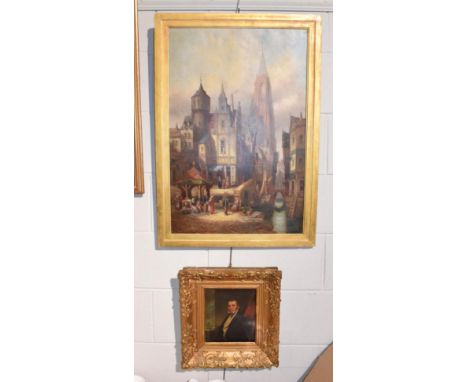 Manner of George Chinnery, Portrait of a merchant with ship beyond, oil on canvas 