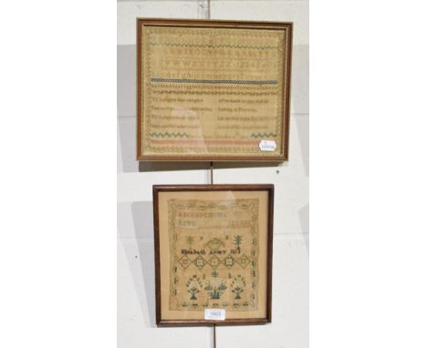 Small alphabet sampler worked by Elizabeth Ainley, dated 1813, with baskets of flowers, within a floral border, 21cm by 16cm 