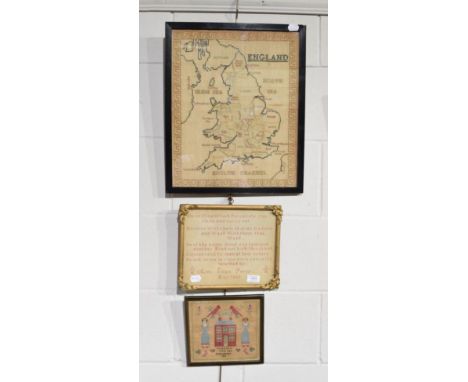 20th Century map sampler of England, depicting the English and Welsh counties, within a cream silk Greek key border, modern f