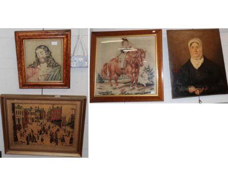 A 19th century oil portrait of a lady; Berlin needlework picture of a boy on a horse; petit point needlework picture; and a f