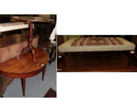 A George III oak tilt top tripod table; a demi-lune mahogany side table; a 20th century stool with tapestry seat and a standa