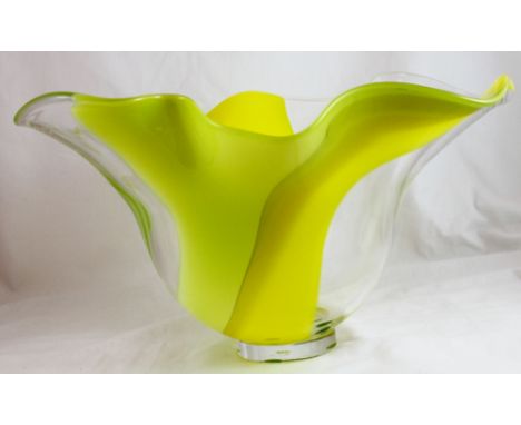 Orrefors ripple rim handkerchief vase in yellow and clear glass  W: 36cm