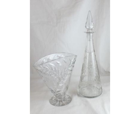 Two pieces of Webb Corbett glass; fan shaped vase and  decanter with stopper