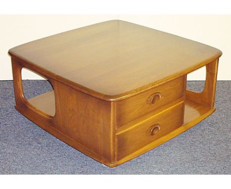 Ercol 'Pandora's Box' Golden Dawn Elm coffee table on castors with two drawers  H: 40cm,  L: 80 x 80 cm