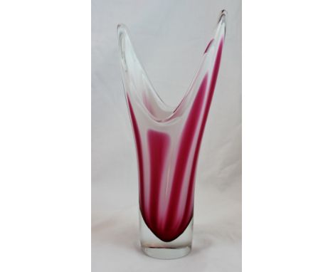 Flygsfors v-shaped glass vase dated 1957, in pink and white  H: 28cm CONDITION REPORT: No apparent damage chips or cracks, li