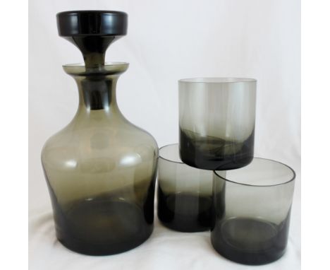 Olive green Ravenhead glass decanter with three matching glass tumblers