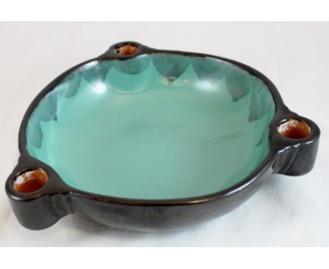 Upsala Ekeby ceramic centrepiece with three candle mounts, in charcoal ground with turquoise interior  D: 21cm