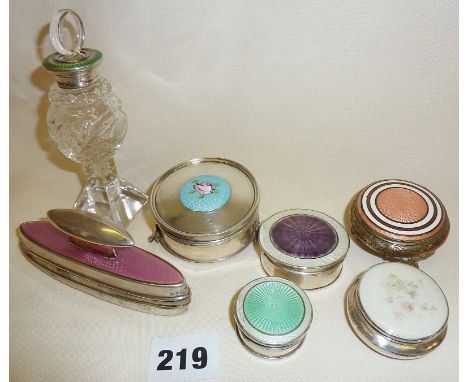 Collection of hallmarked silver guilloche enamel vanity items (one plated), cut glass scent bottle with enamel lid and variou