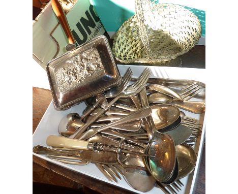 Box containing assorted silver plated cutlery, crumb scoop, bread fork, etc.