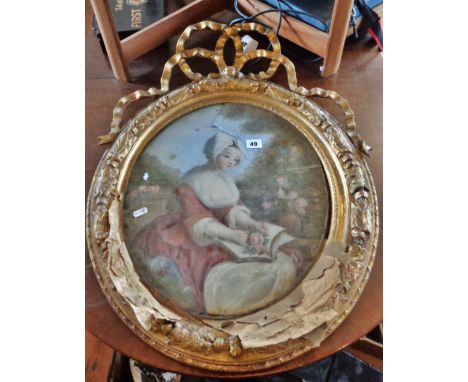 19th c. oval giltwood and gesso frame with entwined ribbon enclosing convex glass portrait of a lady