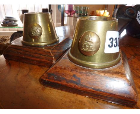 Pair of brass and wood Trench Art candlesticks
