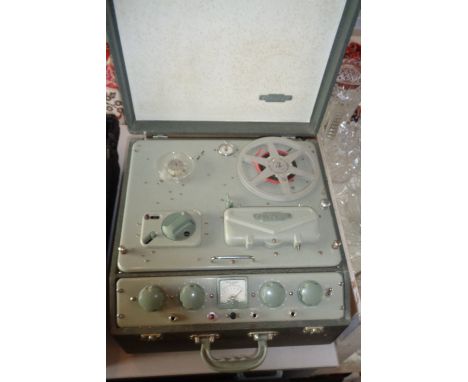 British Ferrograph reel to reel tape recorder Type 4A (with detachable legs) and assorted tapes in boxes
