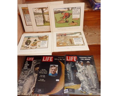 Collection of vintage Perrier golfing prints (9) and Life magazines from the moon landing 1969