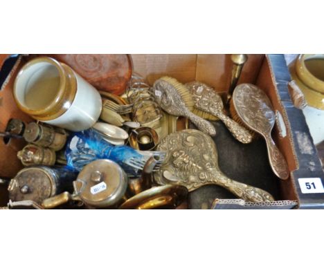 Art Nouveau silver backed brushes and mirror, silver plated items, cutlery, cruet set, etc.