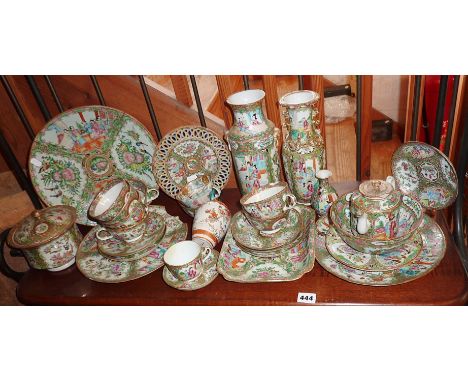 Large collection of Chinese Canton porcelain items, plated vases, cups and saucers, etc. (one shelf)