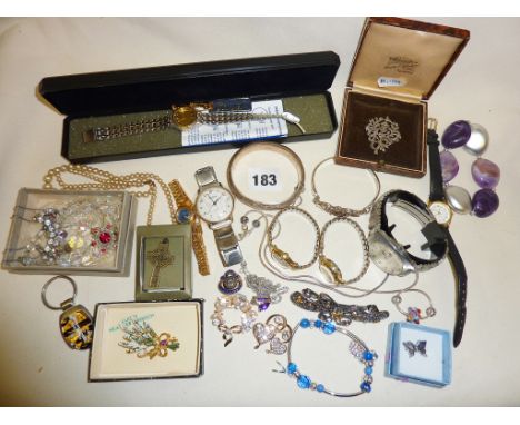 Quantity of costume jewellery, inc. hallmarked silver bracelets, vintage wrist watches, marcasite brooch in original box, etc