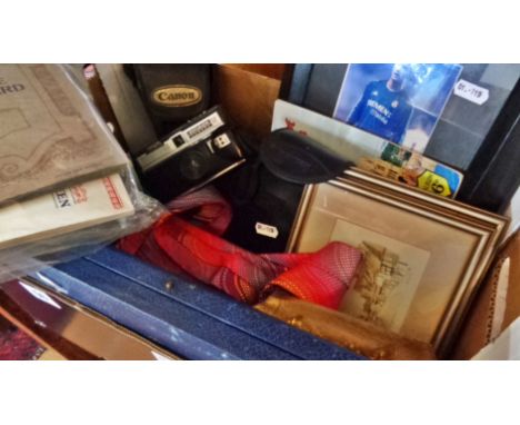 Vintage cameras: Pentax Espio 738, Canon Sure Shot Telemax, Kodak Instamatic 50, old cigarette packets and cigarette albums, 