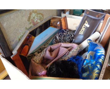 Vintage hats, recorders, scarves, woolwork picture, etc.
