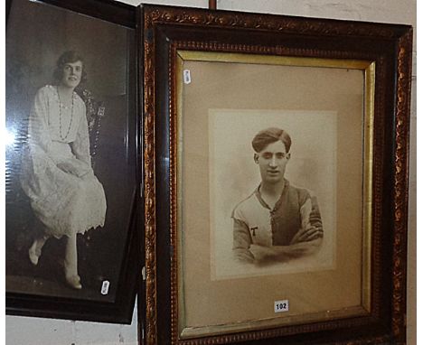 Large framed Edwardian photograph and portrait of a football player and another of a lady in a lace dress
