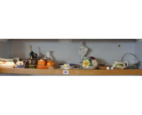 Shelf of ceramics, inc. Shelley Art Deco cruet set, some Royal Doulton, etc.