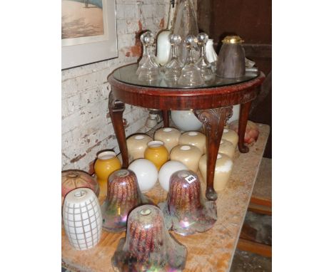 Collection of assorted glass light shades (21), and three Victorian lamp shades. Set of six contemporary glass stirrup cups a