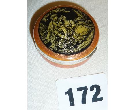 Silver guilloche enamel pill or patch box with internal mirror, gilt lined and with black and yellow lover's scene to lid. Im