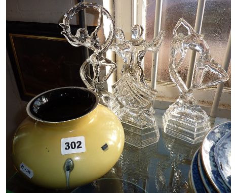 Caithness Studio Art Nouveau glass tulip vase in sand colouring and three clear glass Art Deco style dancer figurines