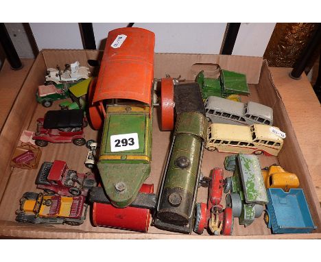 Tin plate clockwork traction engine, two Dinky Observation coaches, Bedford Tipper truck and other diecast vehicles and lead 