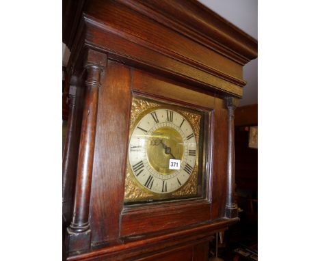 18th c. oak longcase 30 hour clock by Walter Archer of Stow, c. 1715. The 9" square brass dial with single hand has chapter r