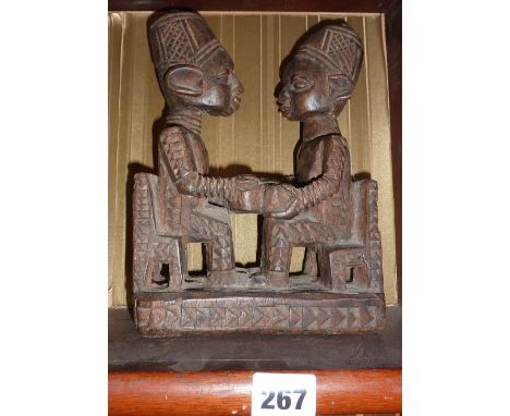 Tribal Art - African carved wood group of two games players possibly from the Luba tribe of the Congo