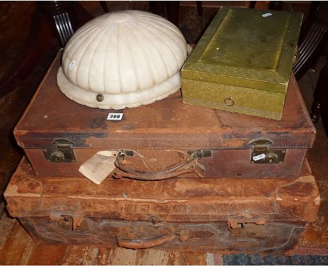 Two leather suitcases (A/F), a jewel box and an alabaster light shade