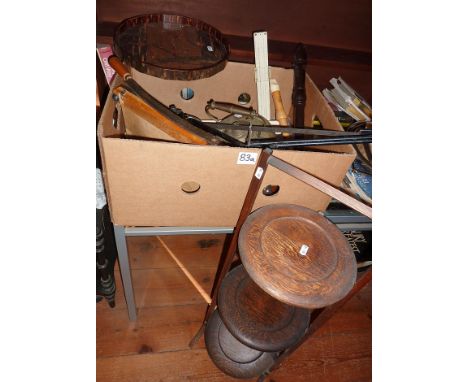 Box containing draughtsman's tools, recorder, guillotine, and a folding oak cakestand