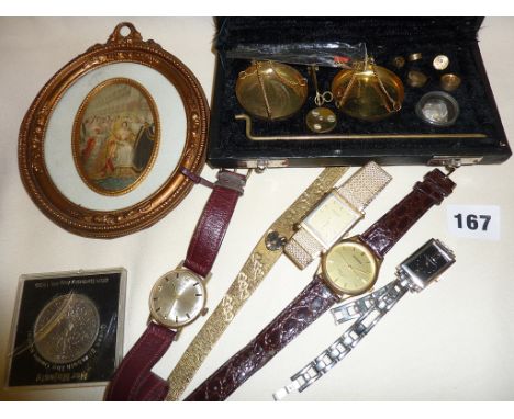 Vintage wrist watches, makers inc. Roma, Sekonda, Favre-Leuba, etc., scales in case and small framed print