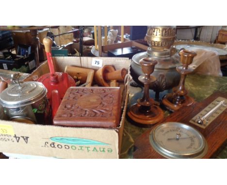 Small Art Deco oak barometer, box of cutlery and wooden ware and oil lamp, etc.