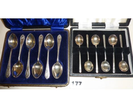 Two cased sets of hallmarked silver spoons - Art Deco coffee spoons and engraved tea spoons