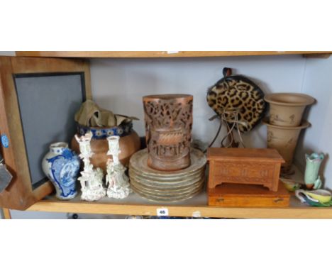 Shelf of assorted items, inc. Doulton Stoneware jardiniere, Chinese carved bamboo brush pot (A/F), 8 Pillivuyt Medailles D'or