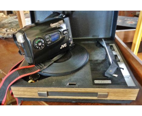 JVC Compact VHS GR-AX400 video camera and a vintage Fidelity record player or turntable in case