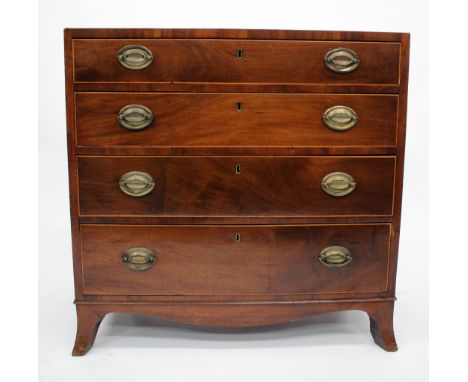 A GEORGE III MAHOGANY STRAIGHT FRONT CHEST of four long drawers with oval brass handles on splay bracket feet 87cm wide 