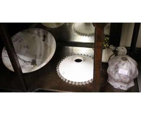 A PAIR OF OLD WHITE GLASS CIRCULAR LAMP SHADES with frill edges together with a glass plafonnier, a glass lamp shade and two 