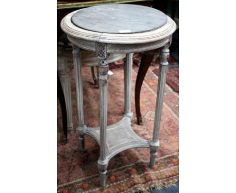 A LOUIS XVI STYLE PAINTED CIRCULAR BEECH WOOD OCCASIONAL TABLE with grey marble inset top, 43cm diameter x 73cm high together