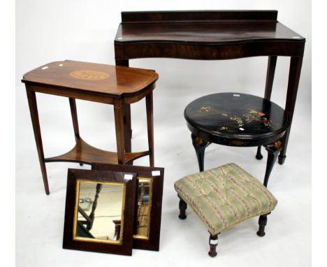 A SERPENTINE FRONTED SIDE TABLE, 108cm wide together with an Edwardian mahogany occasional table with shell inlay to the top 