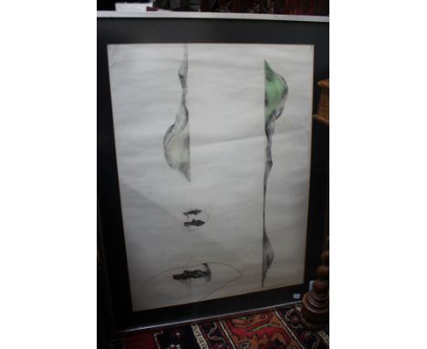 A CONTEMPORARY ABSTRACT PICTURE of figures in a landscape 54cm x 73cm together with a print 'A High Wing in the High', hand c