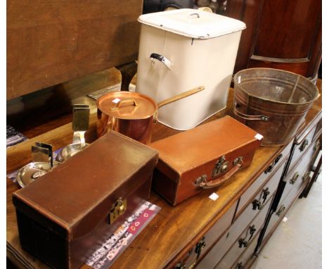 A COPPER SAUCEPAN, an enamel bread bin, a copper wine cooler, two silver plated matchbox stands and a 'Fred' flower sifter 