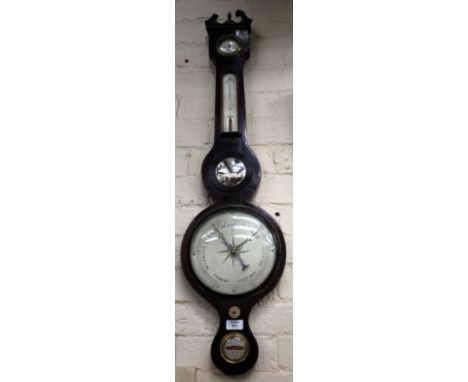 A 19TH CENTURY MAHOGANY CASED WHEEL BAROMETER with swan neck pediment above a hydrometer, thermometer, convex mirror, baromet