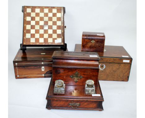 A 19TH CENTURY ROSEWOOD WRITING BOX together with a burr walnut writing box, an oak correspondence stand, a small square ches