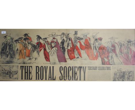 A DECORATIVE PRINT depicting the Royal Society tercenary celebrations, c. 1960, 46cm x 117cm in a gilt frame 