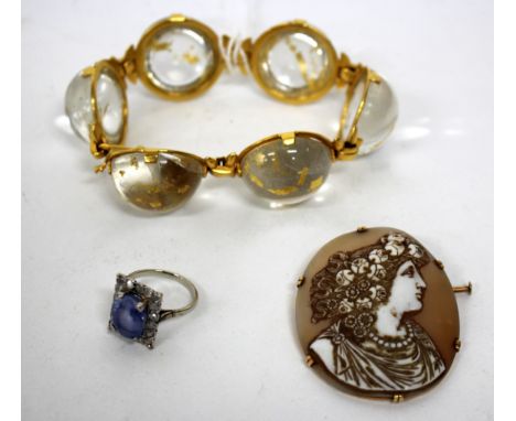 A CONTEMPORARY GILT METAL AND GLASS BANGLE, decorative ring and a cameo (3)