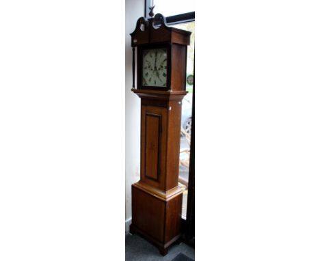 A 19TH CENTURY OAK EIGHT DAY LONGCASE CLOCK the case with mahogany cross banded decoration and ebony and boxwood stringing, t